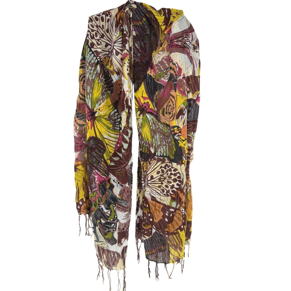 Unbranded Butterfly Print 100% Cotton Fringe Scarf Brown Yellow Pink Boho